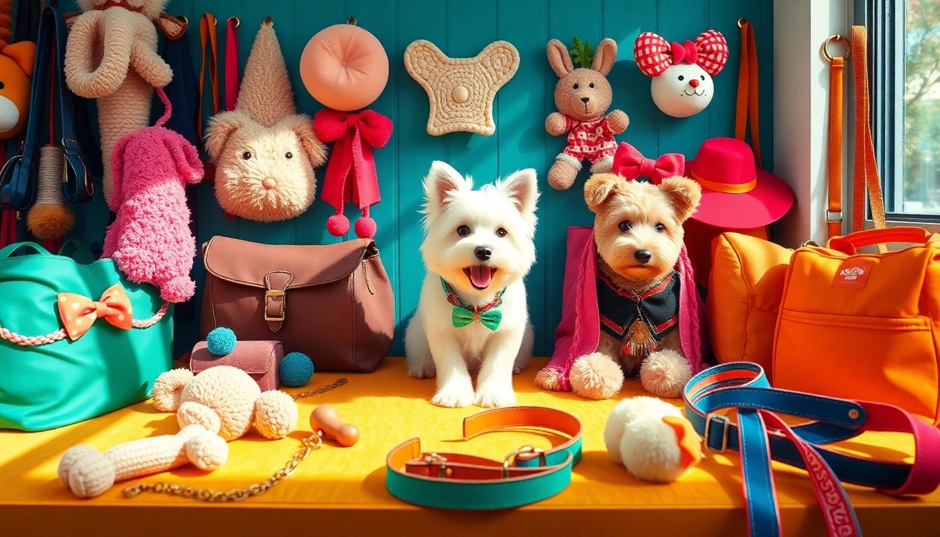 Showcase of diverse pet accessories including collars, leashes, and toys for pets