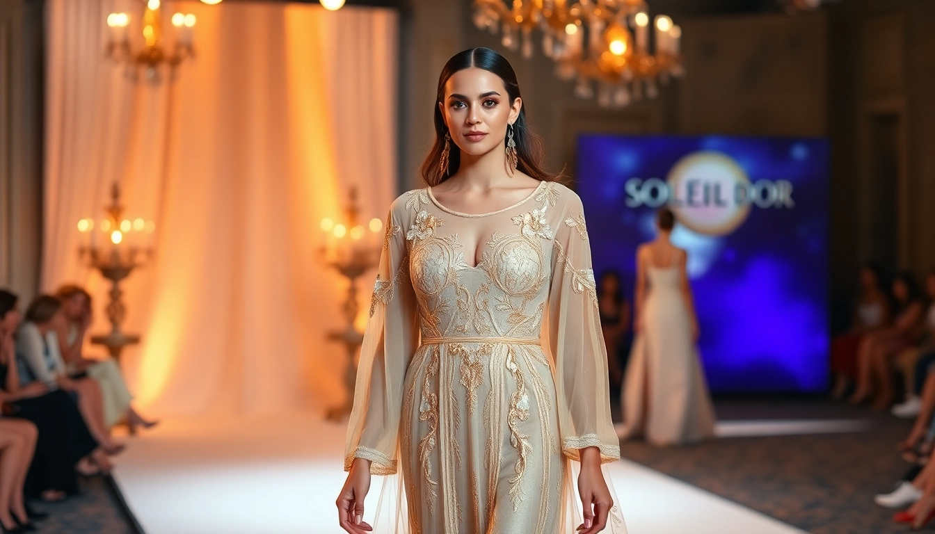 Showcase luxurious Soleil Dor fashion collection with golden accents and elegant styling.