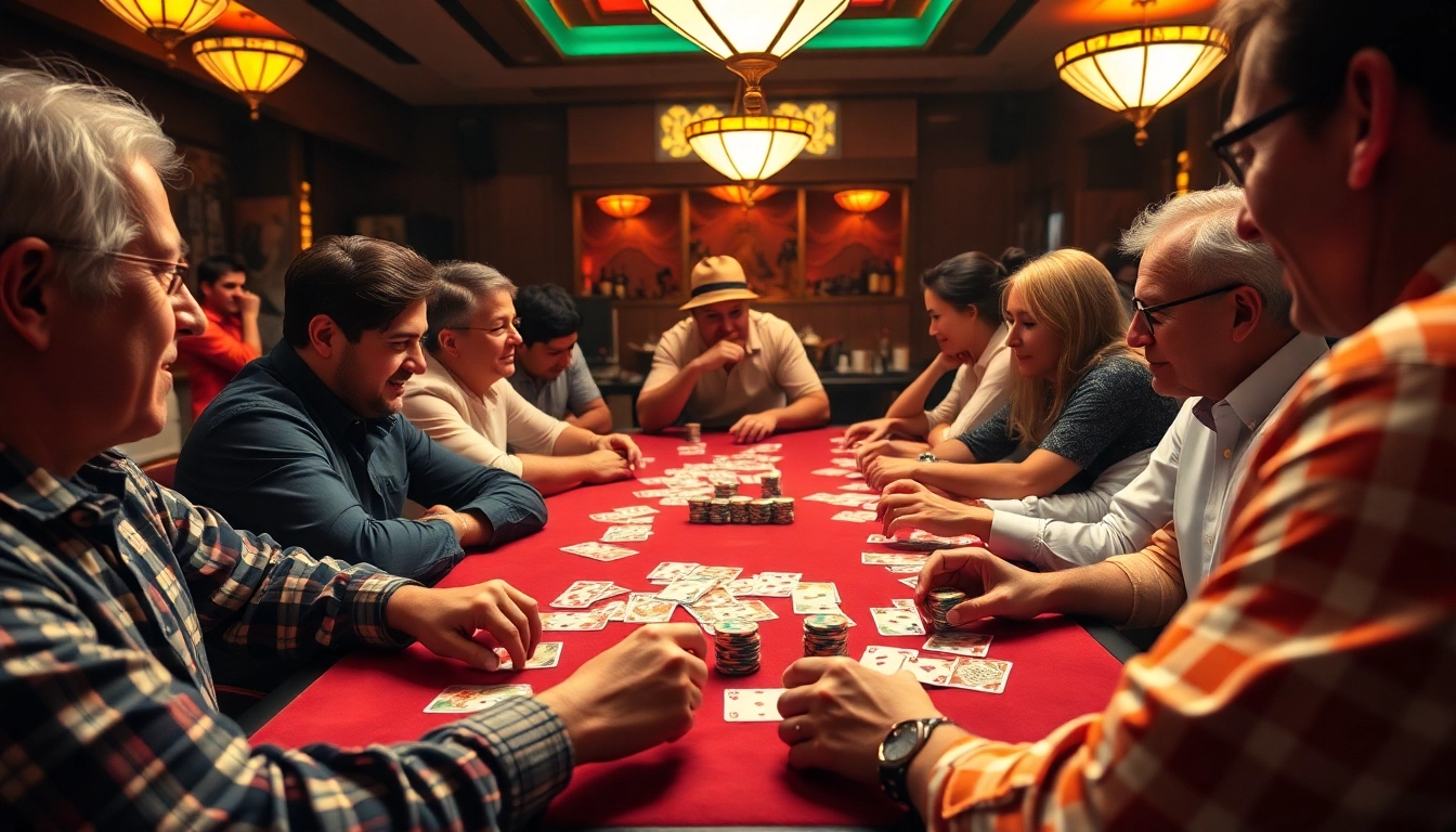 Players enjoy a competitive game of rummy wealth with colorful cards and chips in hand, showcasing skill and strategy.