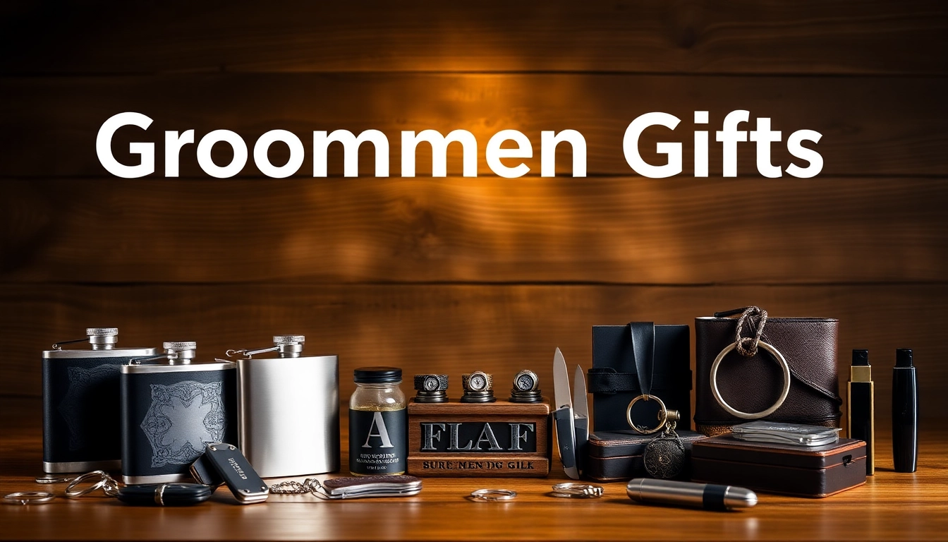 Showcase cheap groomsmen gifts like personalized flasks and keychains beautifully arranged on a rustic wooden surface.