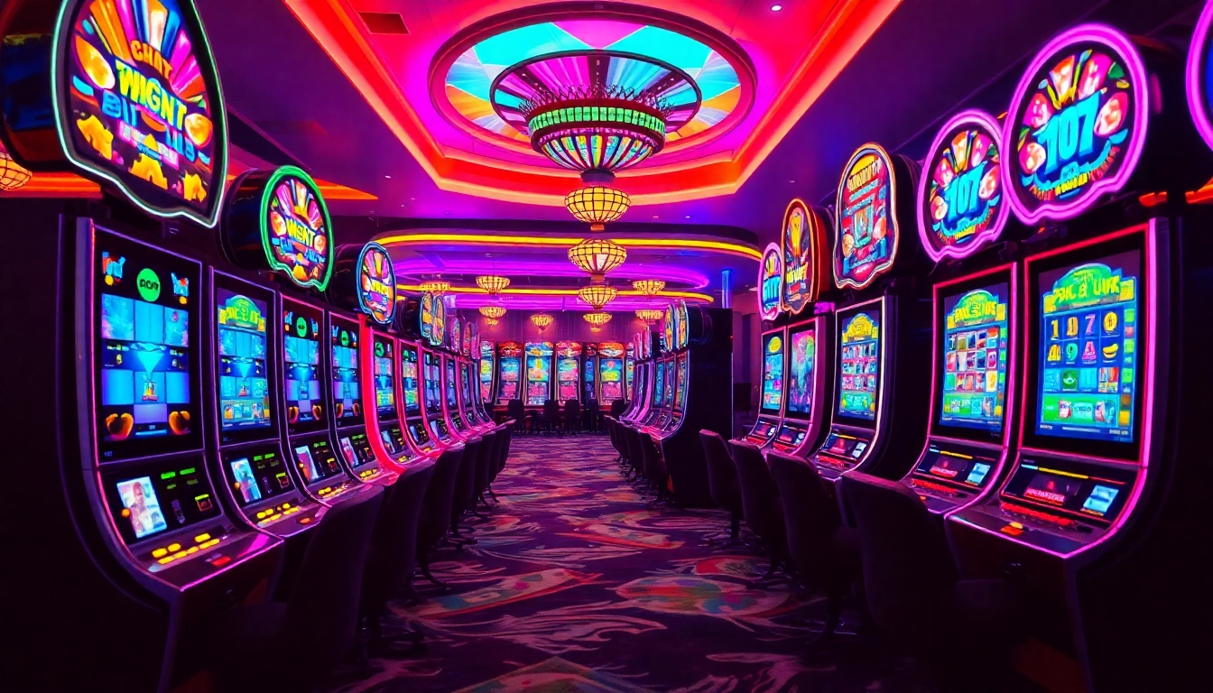 Engaging participants in a lively casino environment filled with vibrant เกมสล็อต machines and colorful designs.