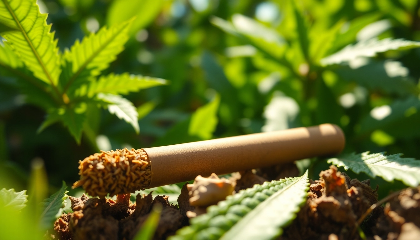 Enjoy CBD Tobacco rolled with organic leaves, highlighted against a serene natural backdrop.