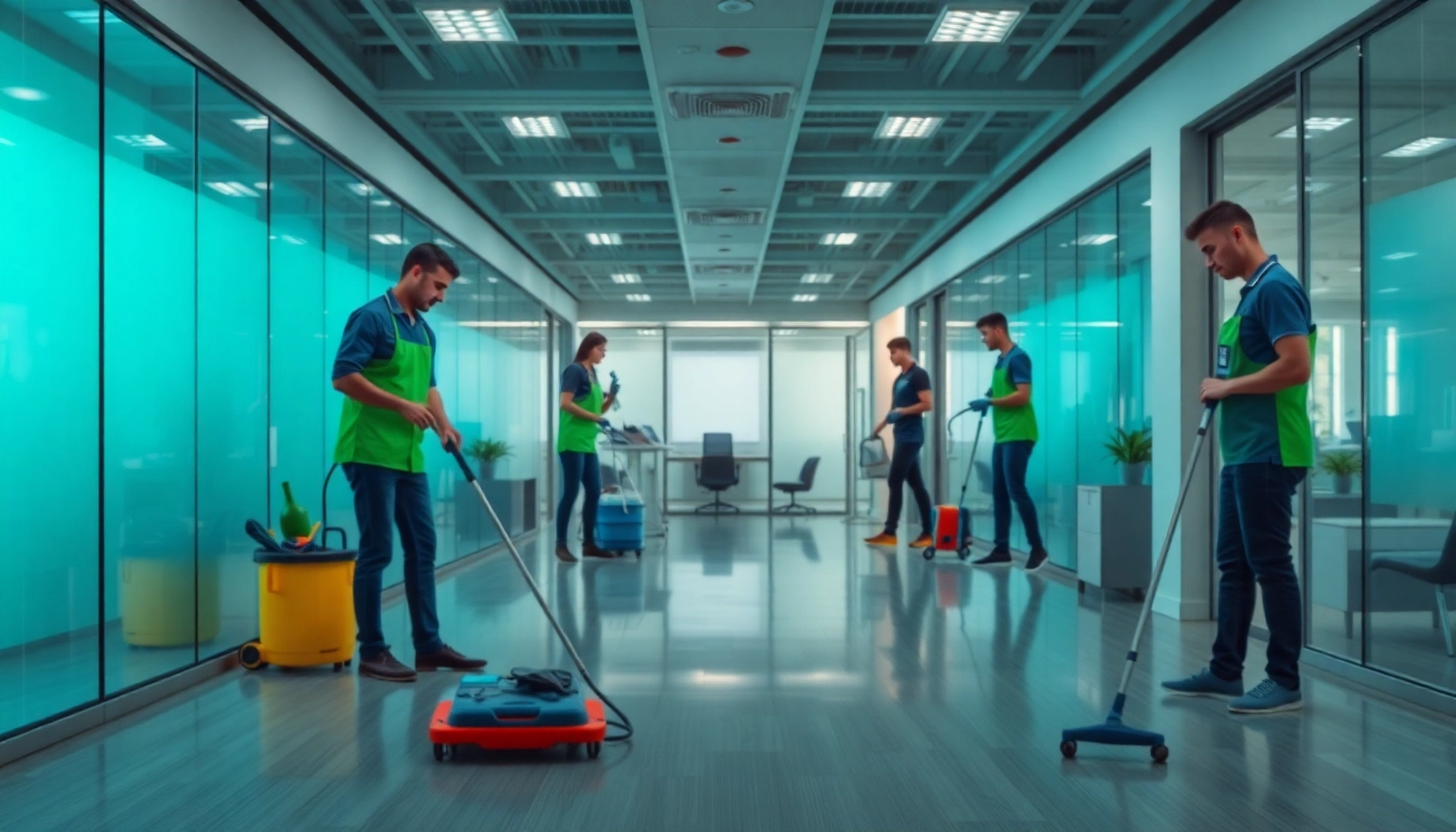 Jacksonville commercial cleaning professionals efficiently sanitizing an office space.