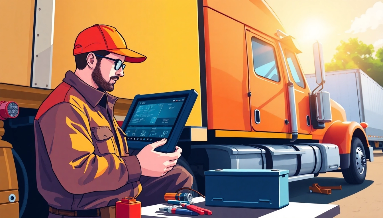 Mobile truck diagnostics and repair technician using advanced tools on a semi-truck in a bright setting.