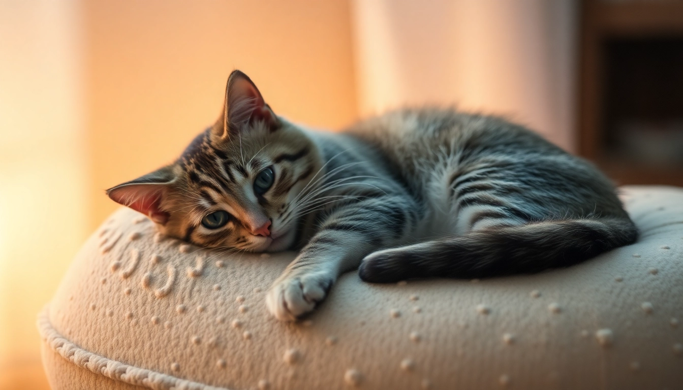 Here is a relaxed cat resting comfortably on a soft cushion, showcasing its peaceful nature.