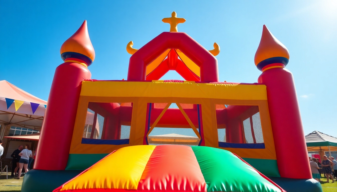 Children bouncing joyfully in a colorful Jump House at a backyard party.