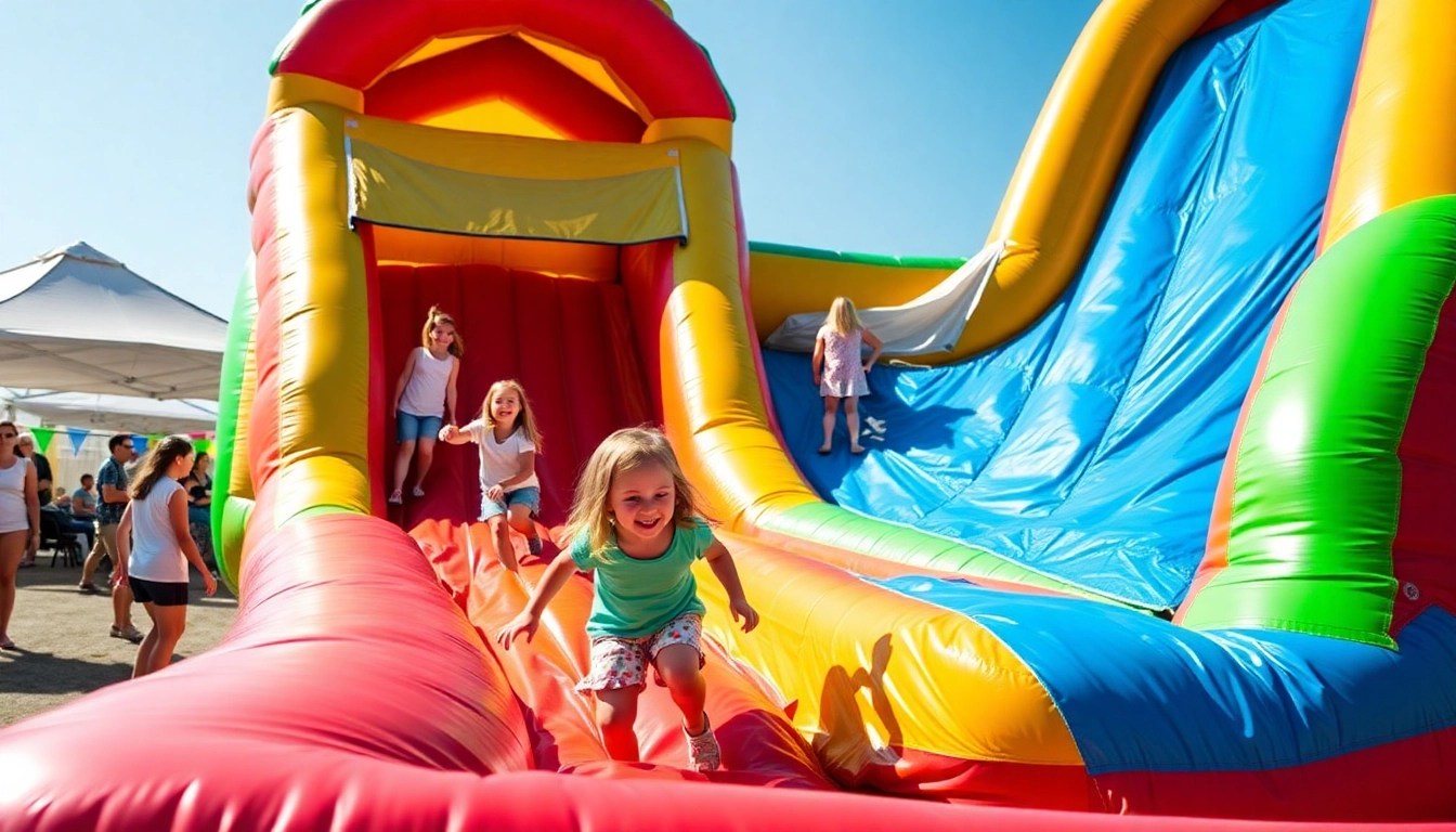 Engage in thrilling slide rental fun outdoors with vibrant inflatable slides enjoyed by children.