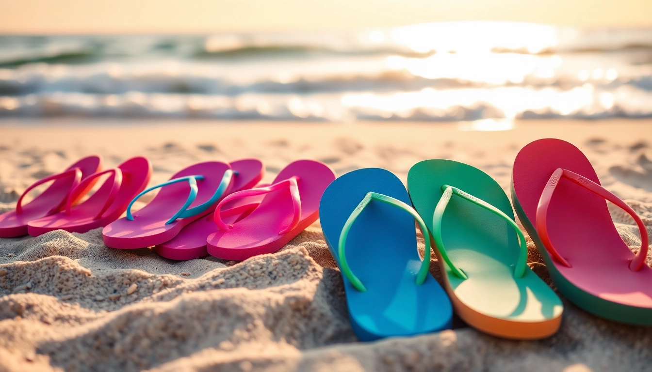 Shop stylish flip-flops for summer fun here with bright colors displayed on a sunny beach.