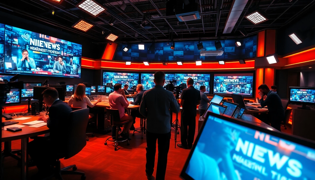 Reporters discussing the latest news in a vibrant newsroom, showcasing real-time updates.