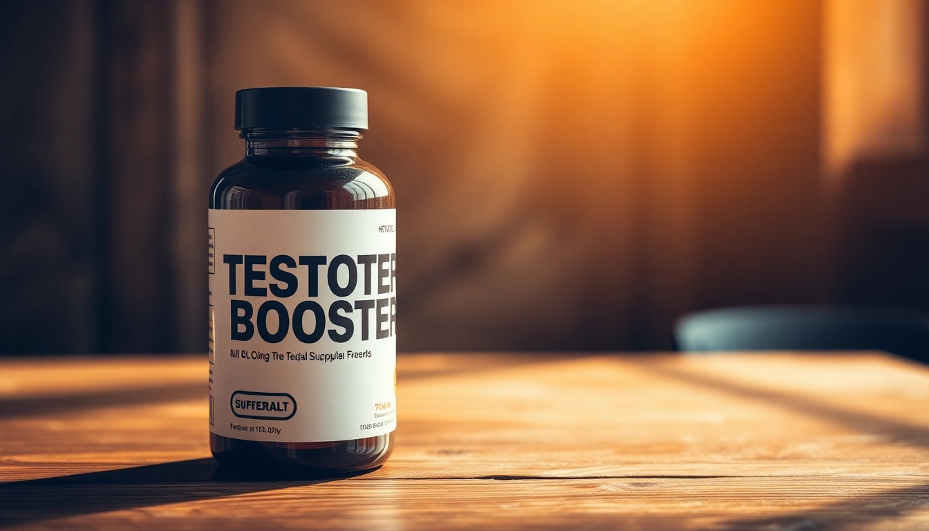 Showcasing a Testosteron-Booster supplement bottle with a sleek design on a rustic wooden table.