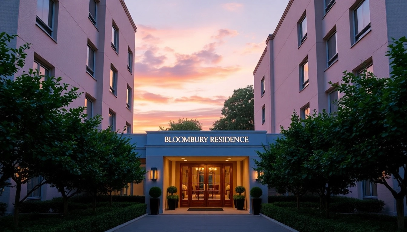 Admire the elegant facade of the Bloomsbury Residences illuminated at sunset, showcasing its unique architecture.