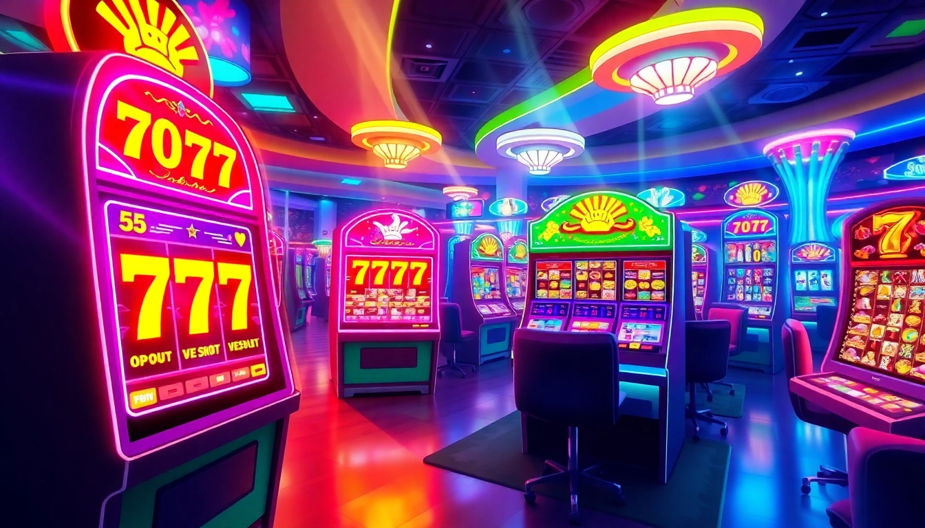 Engage with สล็อต777 slot machines in a lively digital casino environment, showcasing vibrant colors and playful lights.