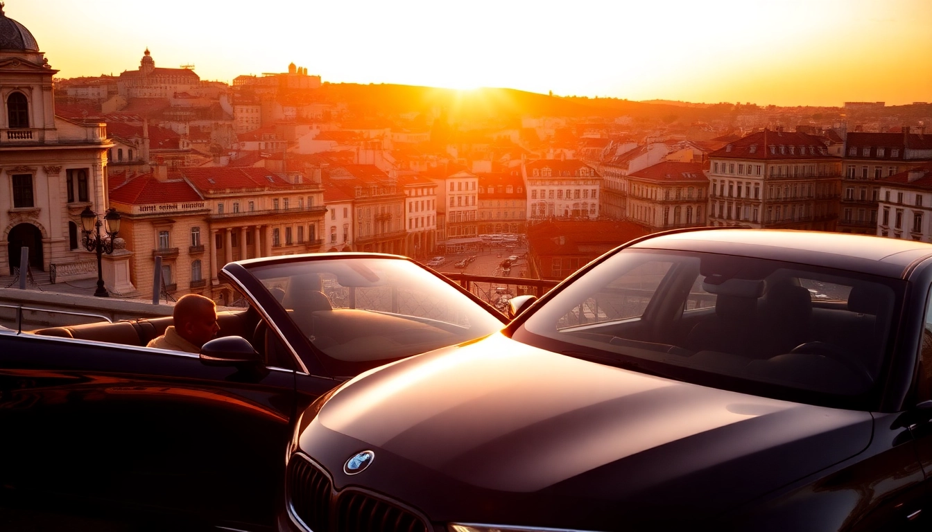 Experience cheap car rental with driver Lisbon, showcasing a driver in a luxury car against the backdrop of Lisbon’s beautiful skyline at sunset.