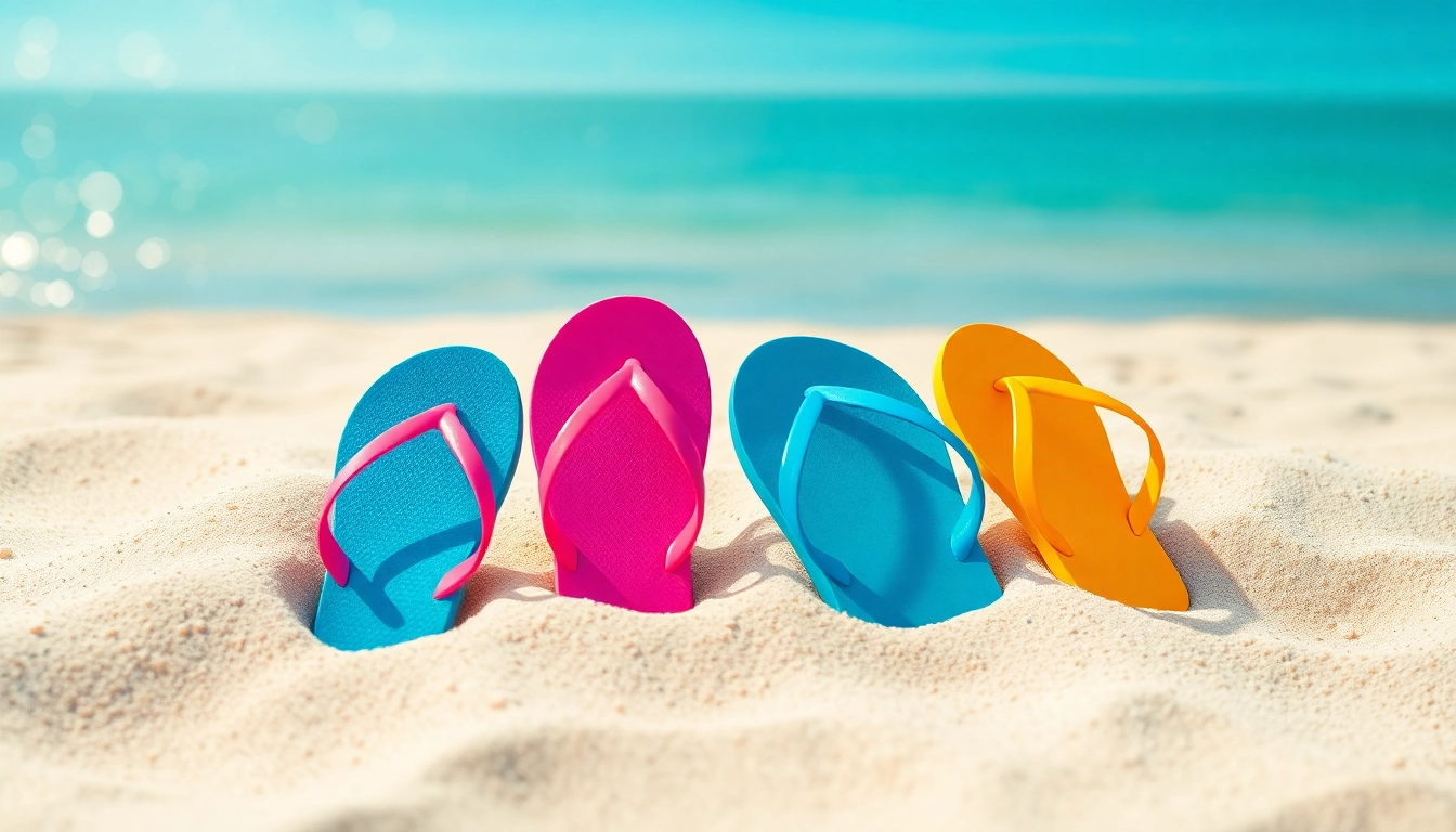 Stylish flip-flops showcasing Here in a colorful summer beach setting with vibrant sand and bright sunlight.