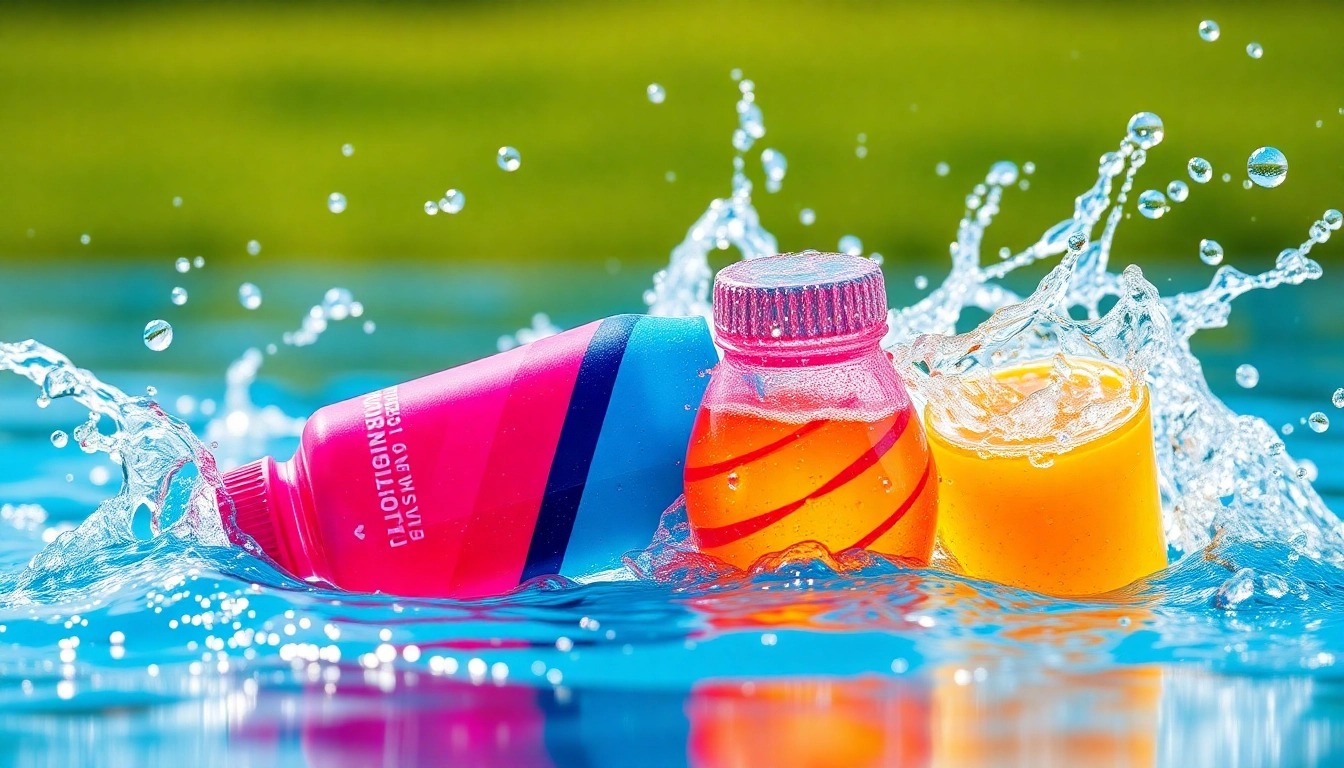 Refreshing sportsdrink bottle splashing in water, showcasing vibrant colors and energy.