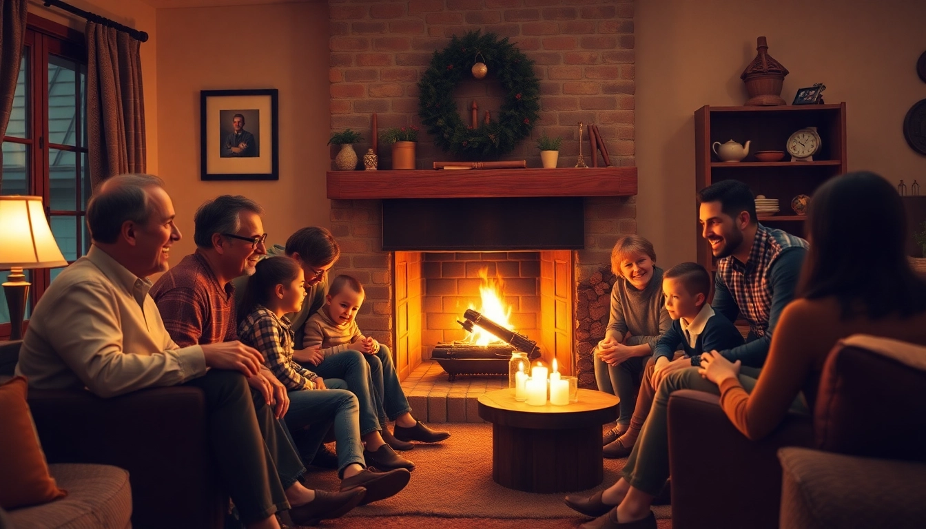 Here is a heartwarming scene showcasing families gathered in a cozy home setting around a fireplace.