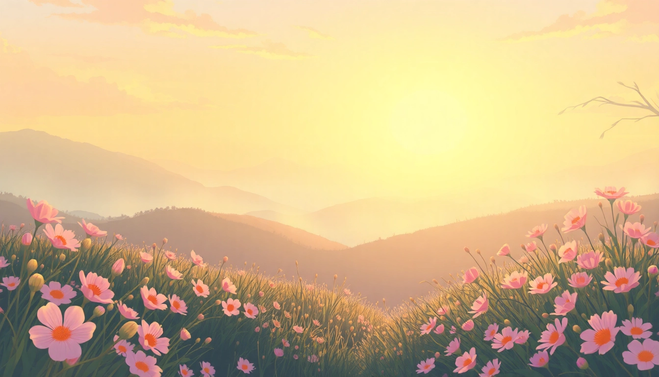 Inspire new beginnings with a serene landscape of blooming flowers and a gentle sunrise.