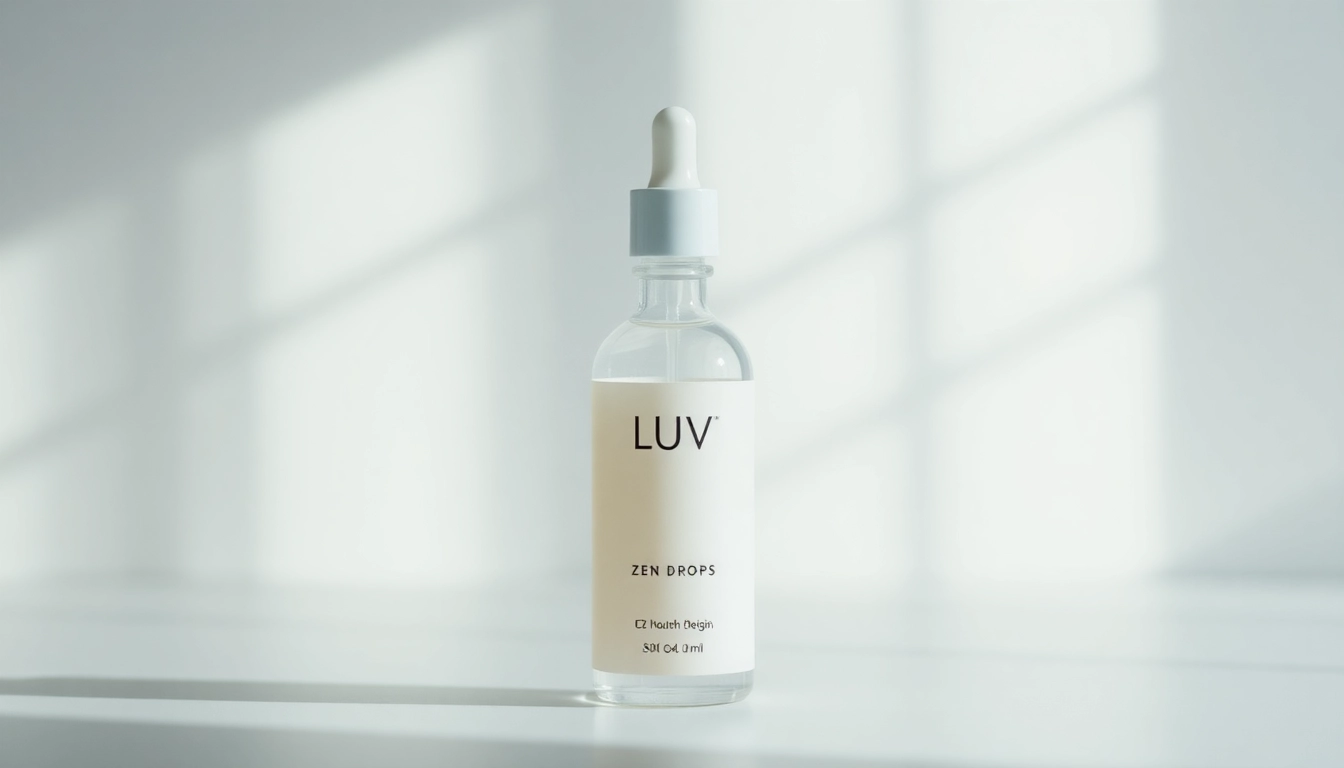 LUV Zen Drops bottle promoting relaxation and stress relief in a serene setting with soft lighting.