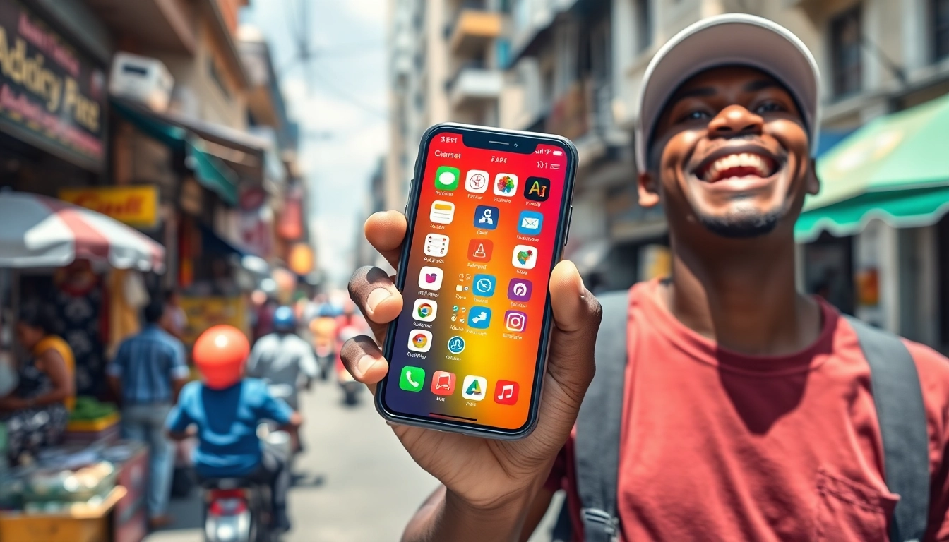 Highlighting leading delivery apps in Lagos on a smartphone against a lively city backdrop.