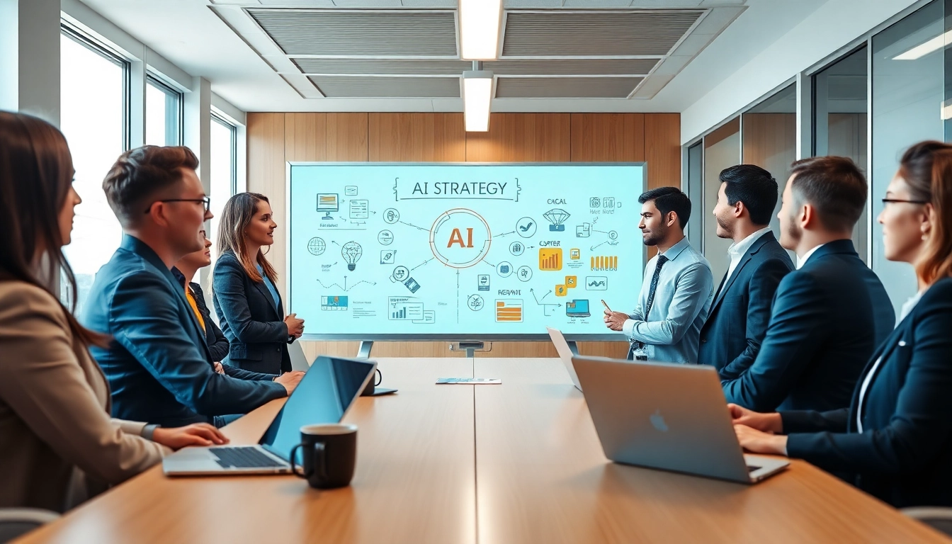 Collaborative professionals strategizing an AI strategy session in a bright office environment.