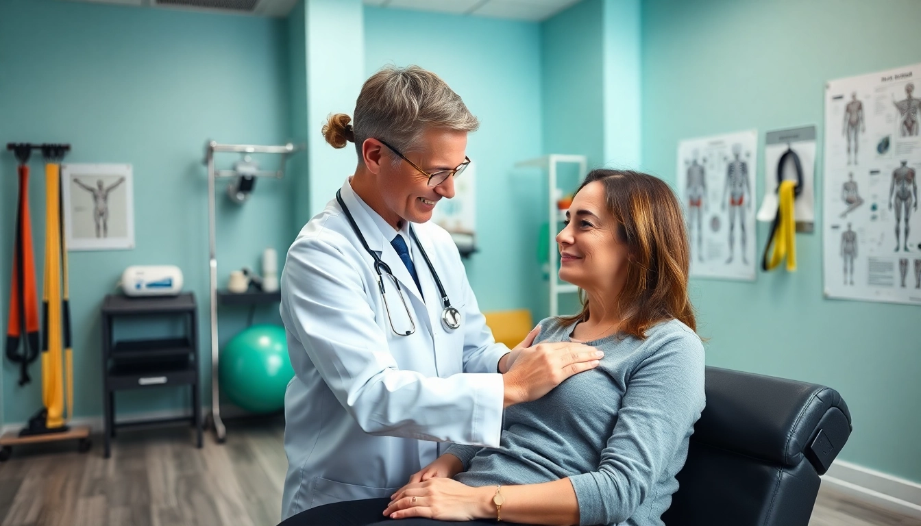 Experience expert care in physiotherapy near me with a compassionate therapist assisting a patient in a welcoming clinic.