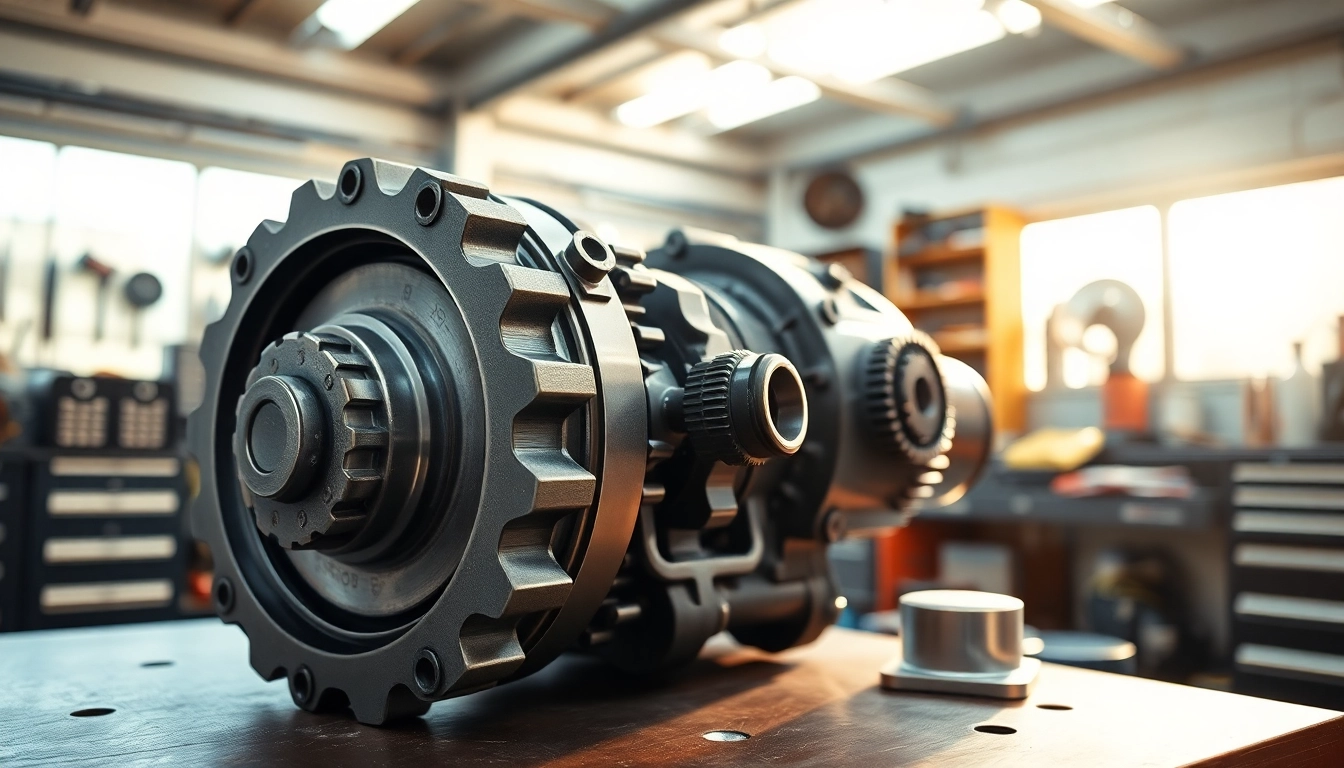 Inspecting a gearbox syncro mechanism on a mechanic's workbench with detailed craftsmanship.