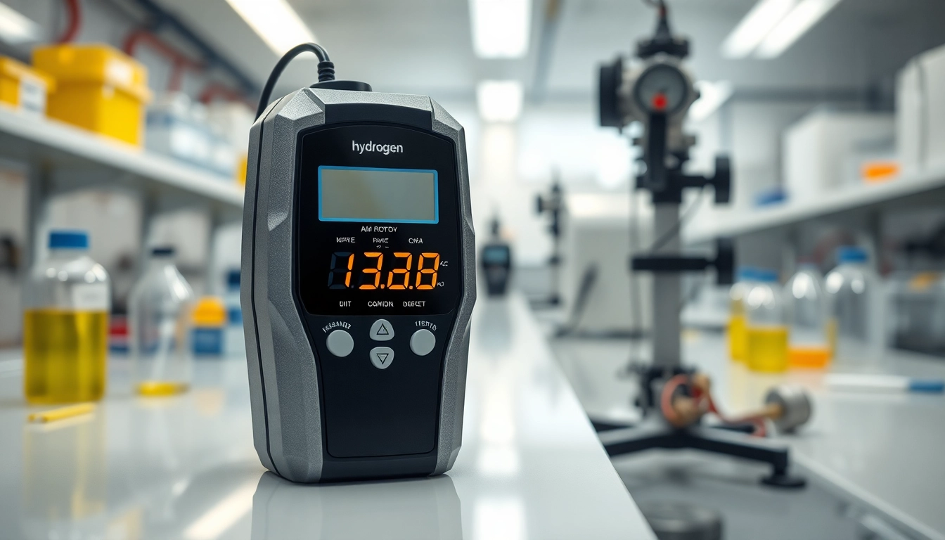 Hydrogen gas detector featured prominently in a laboratory with advanced safety features.