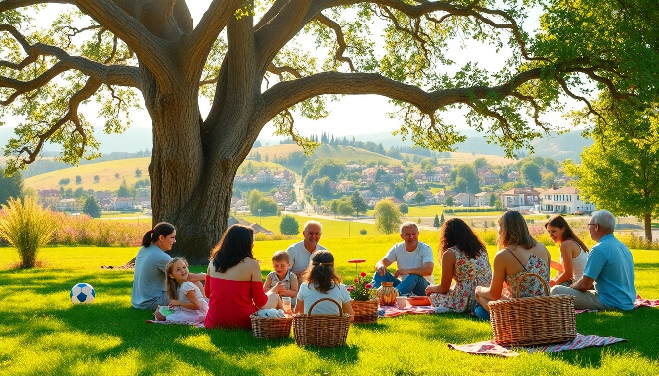 Clarksburg community enjoying a sunny picnic under an oak tree in the park.