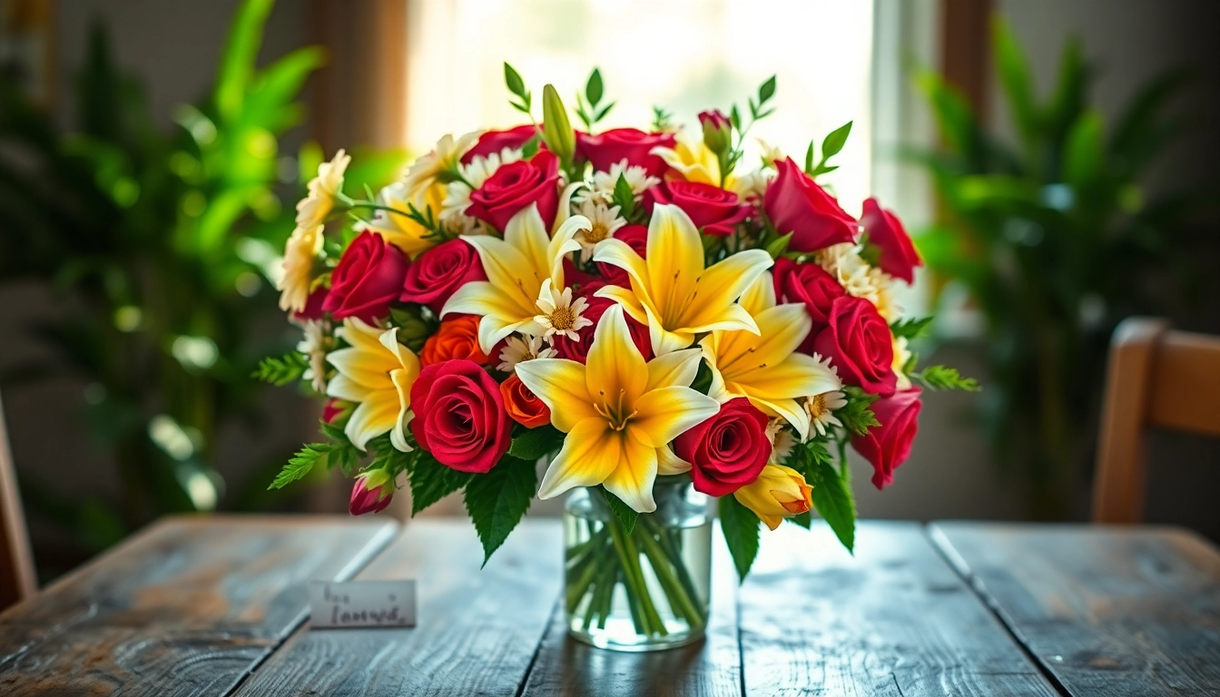 Stunning bouquet from Irvine florist showcasing vibrant roses and lilies in natural light.