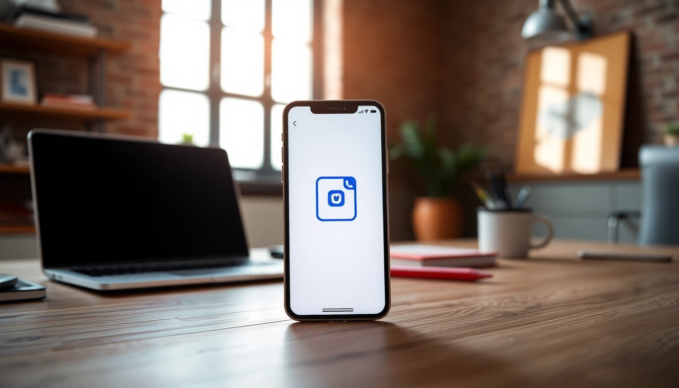 Explore the features of 纸飞机官网 on a sleek smartphone in a vibrant workspace setting.
