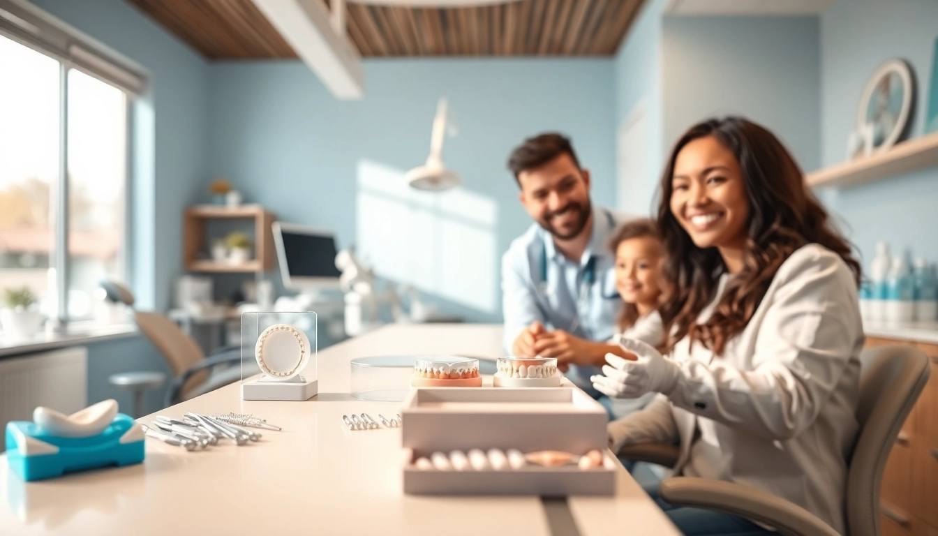 Friendly orthodontist near by me assisting a patient in a modern dental office.