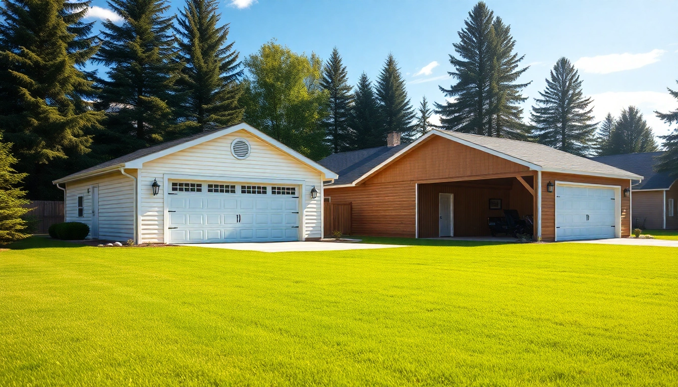 Custom built garages in diverse designs showcased in a suburban landscape, enhancing outdoor aesthetics.