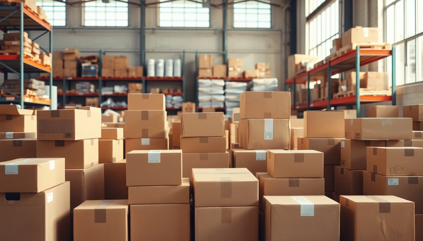 Stacked cardboard boxes in a bright warehouse, showcasing variety and organization.
