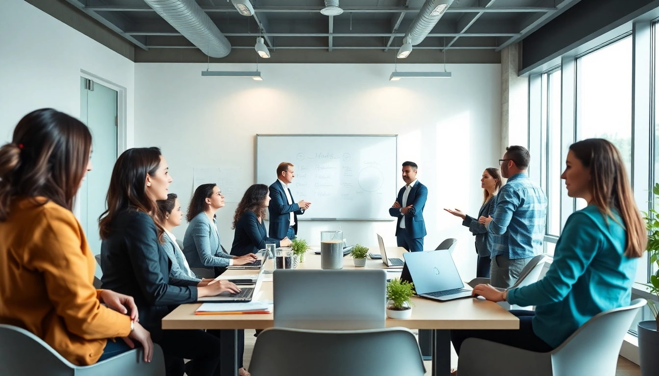 Engaging business coaching service session with diverse professionals collaborating in a modern office.