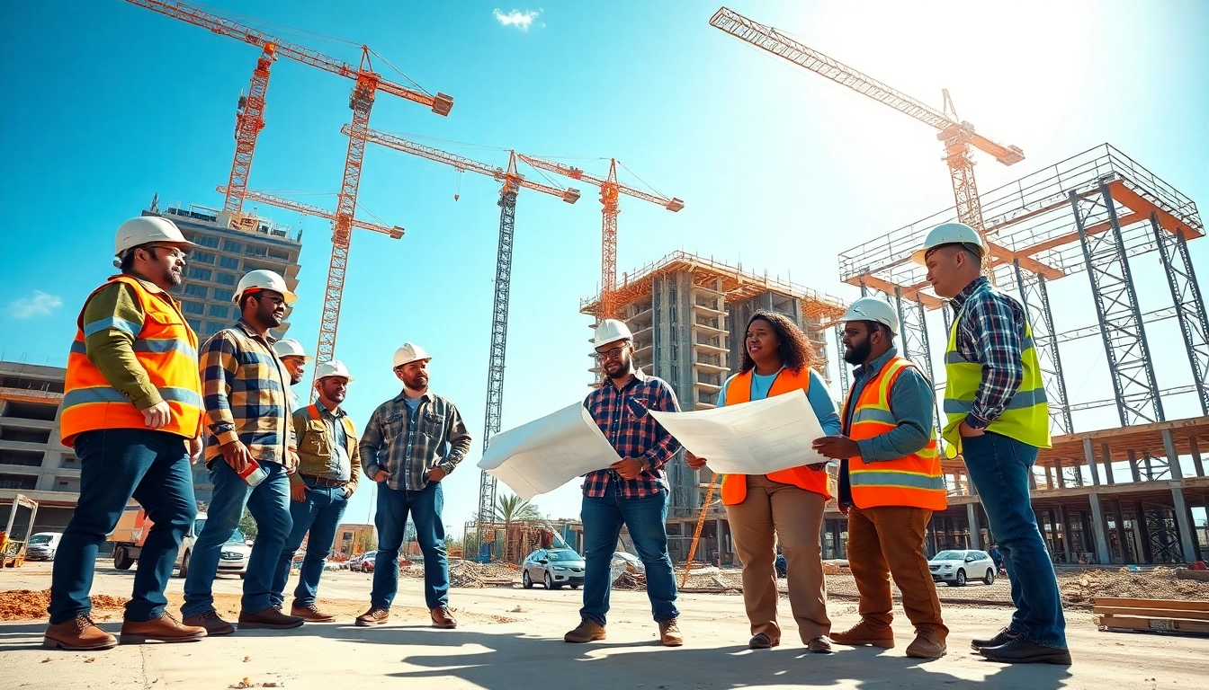 Austin construction workers collaborating on a vibrant building site with blueprints.