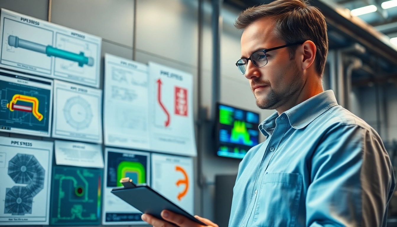 Engineer performing pipe stress analysis at a technical workspace with important data.