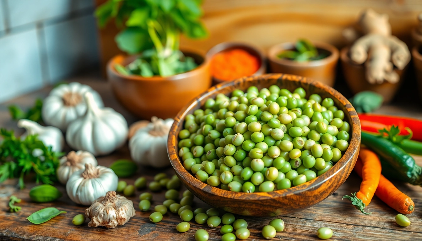 Mung pupelės šviežiai išdėstytos mediniame dubenyje, supančios skanius ingredientus.