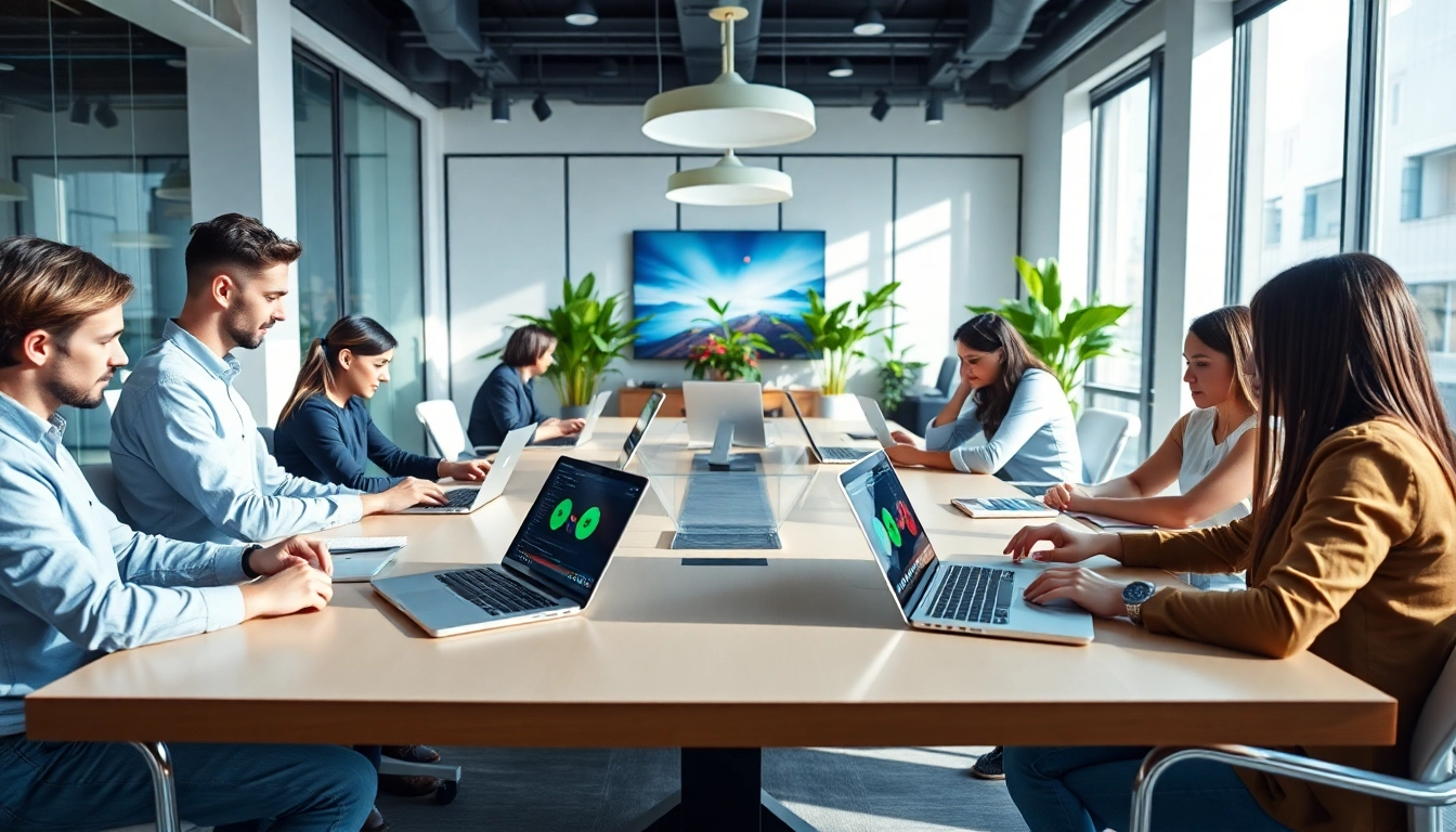 Engaging scene of a Content Agency team collaborating creatively in a modern workspace.