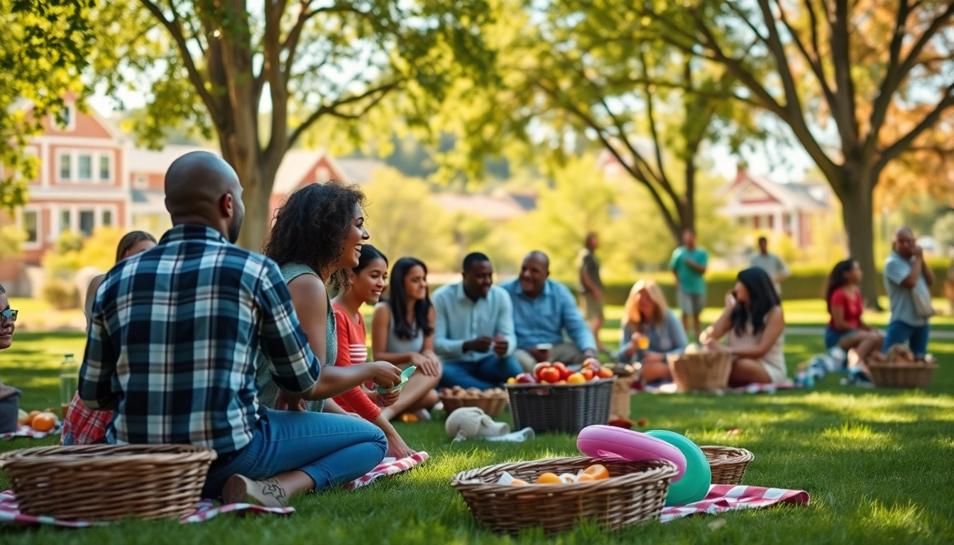 Clarksburg community members enjoying a lively picnic in a park with vibrant scenery.