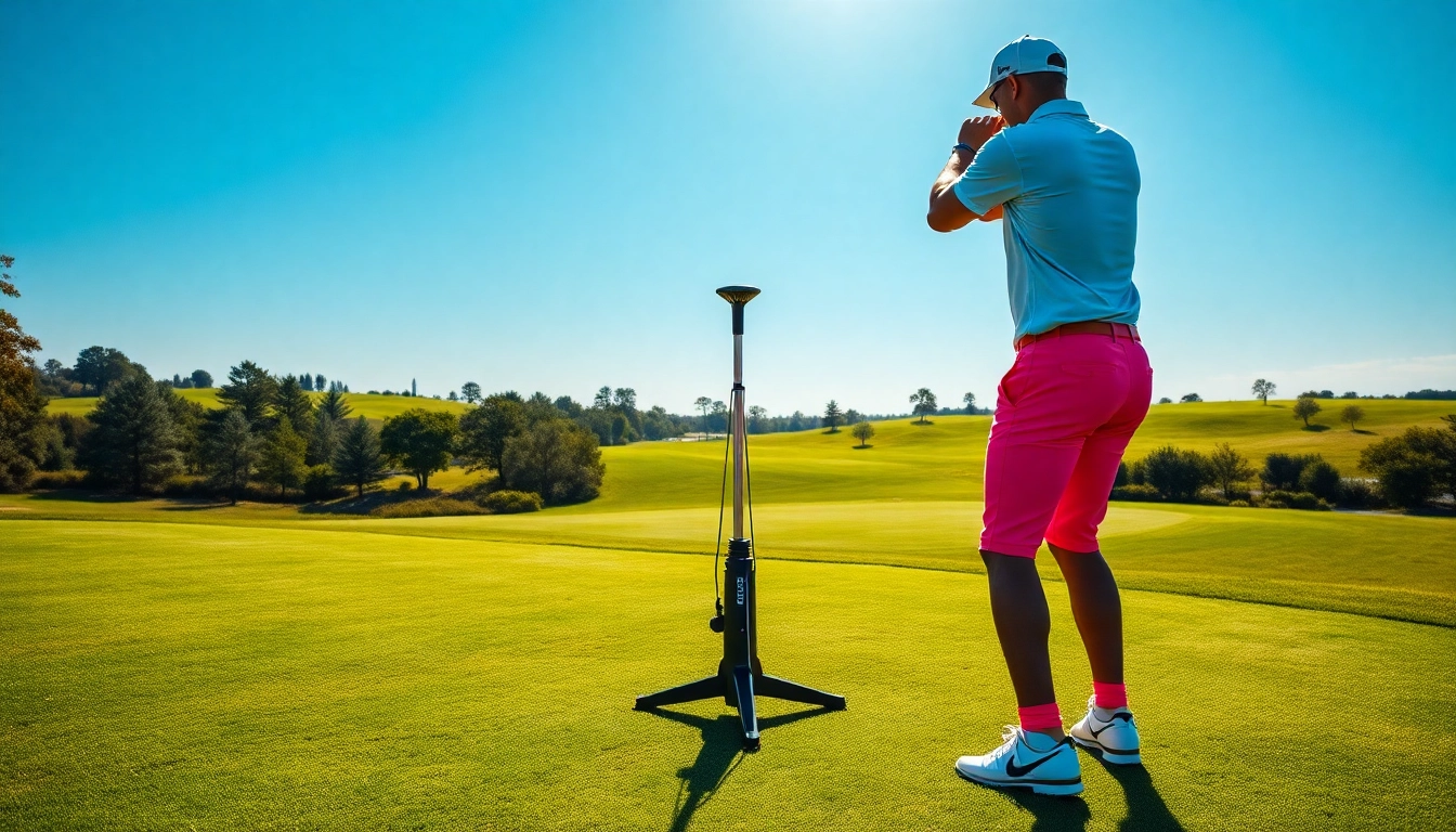 Golfer practicing with a golf swing training aid at a sunlit driving range.