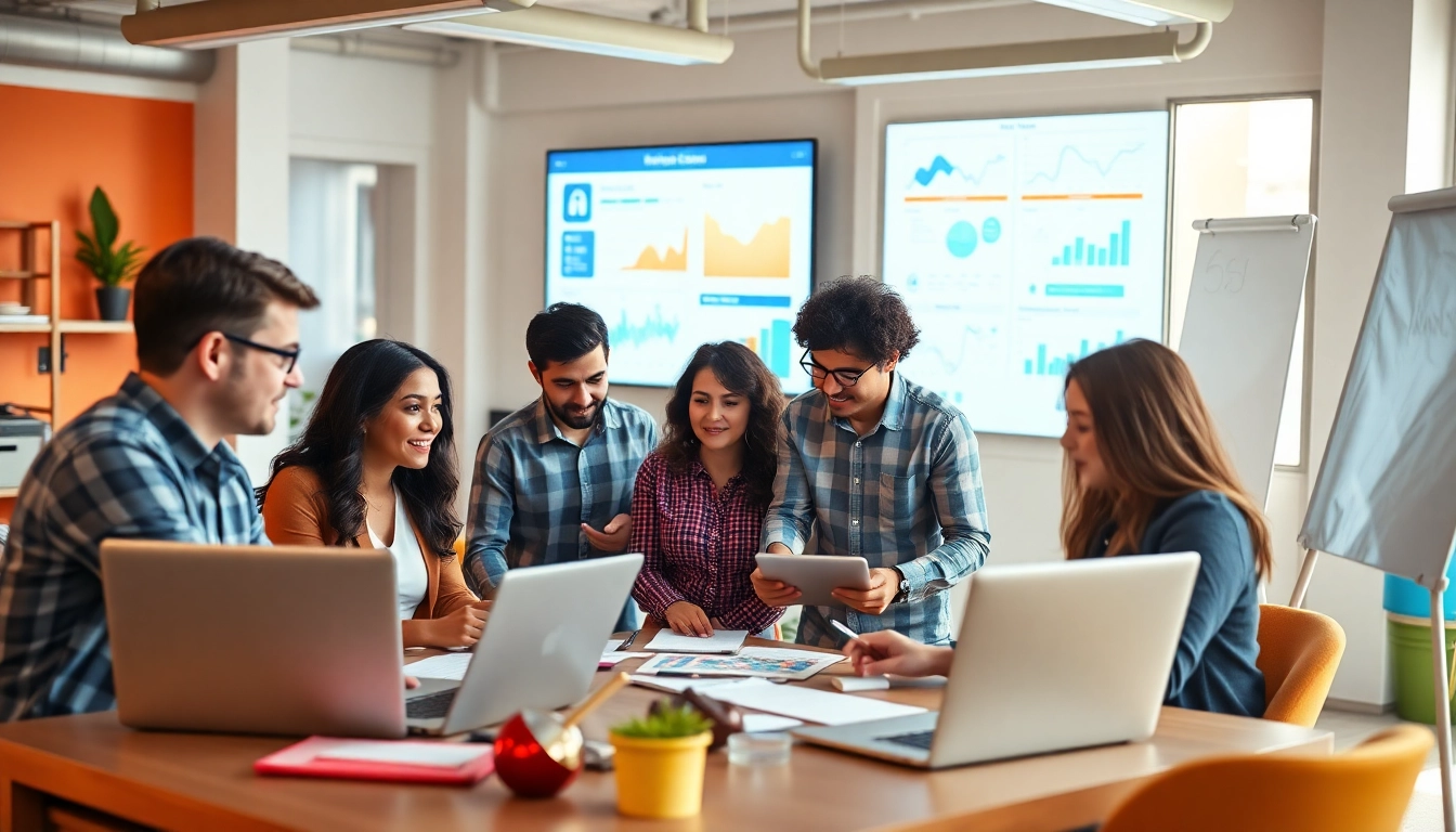 Dynamic social media agency team collaborating creatively in a modern office