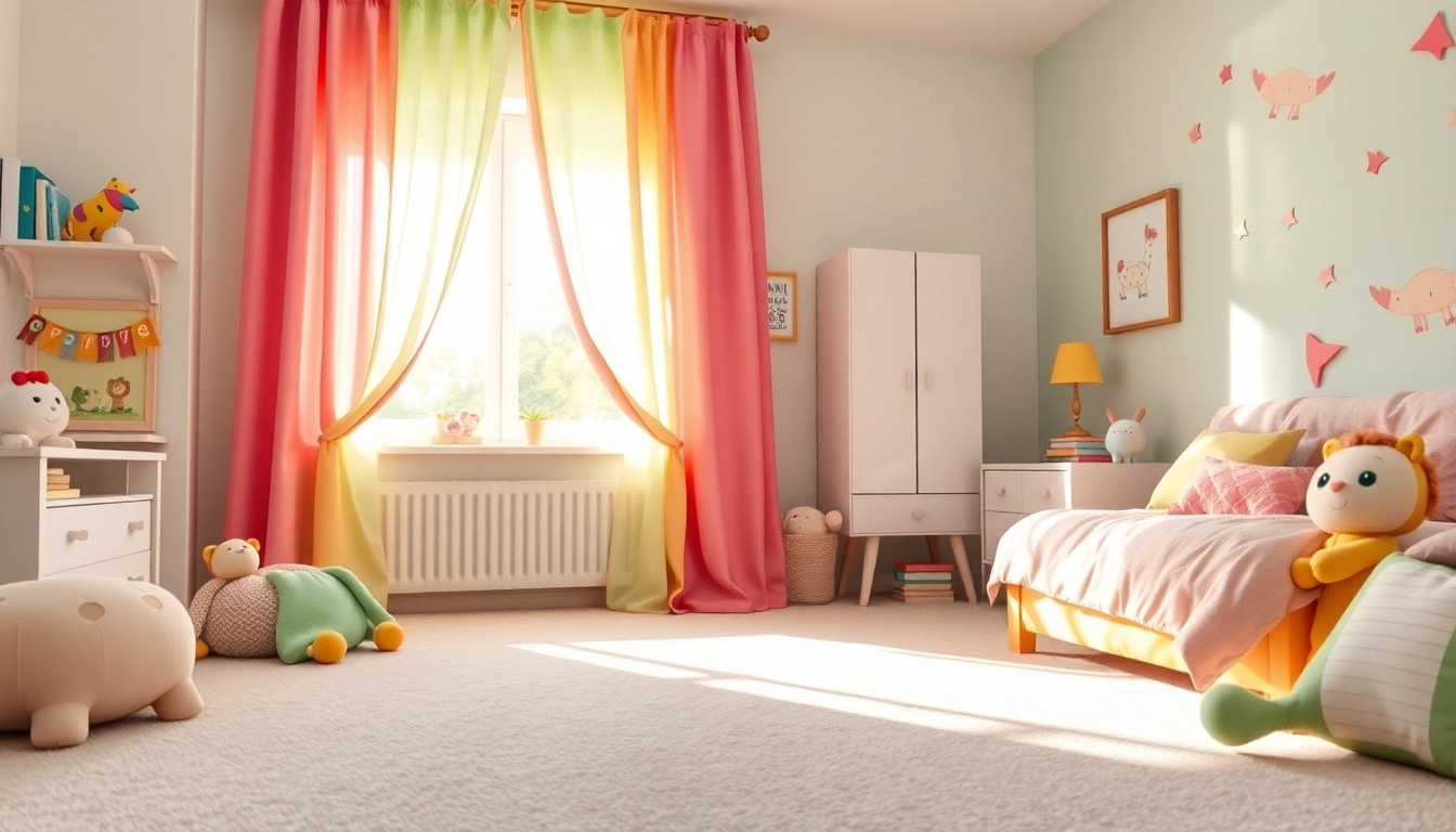 Bright kids room curtains set the cheerful tone for this colorful children's bedroom decor.