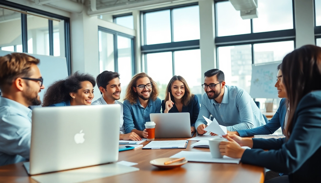 Physical collaboration among a startup fractional agency team in a professional office environment.