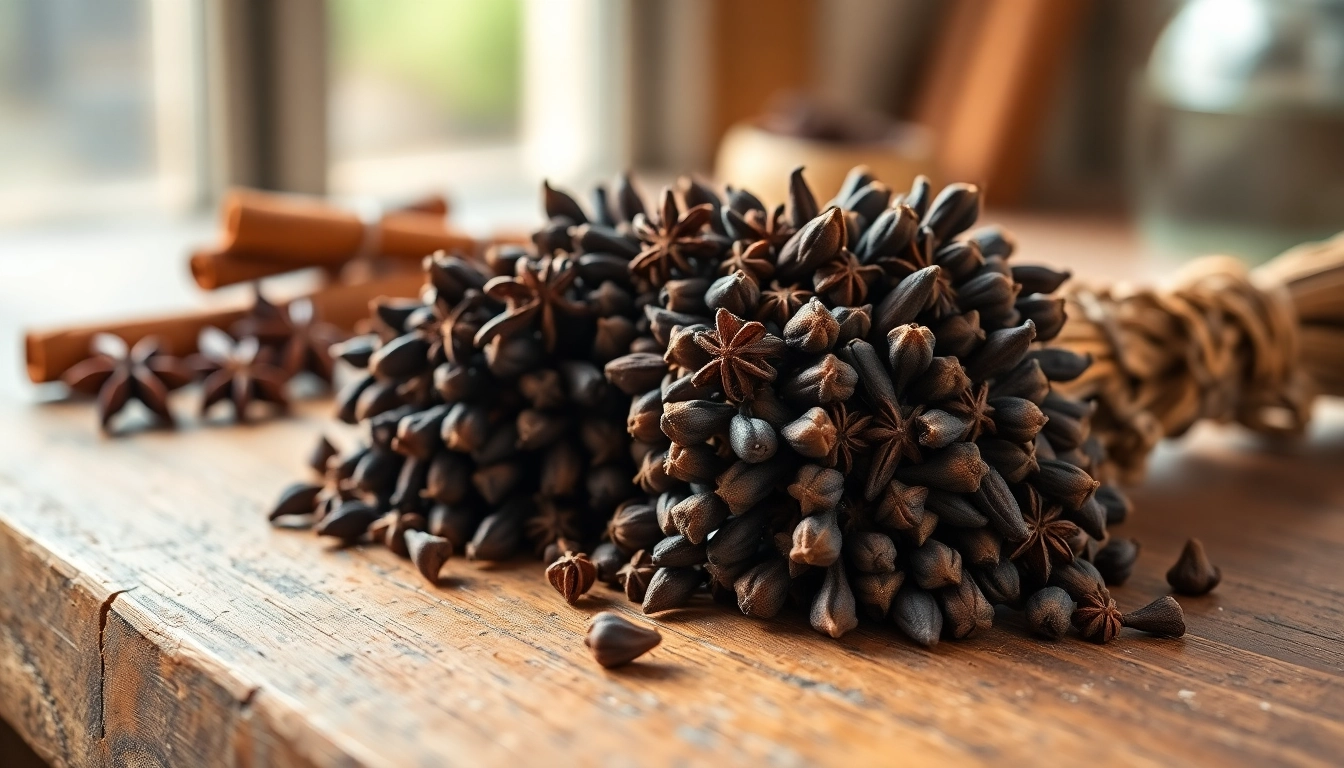 Whole cloves beautifully arranged with spices, enhancing culinary warmth and aromatic appeal.