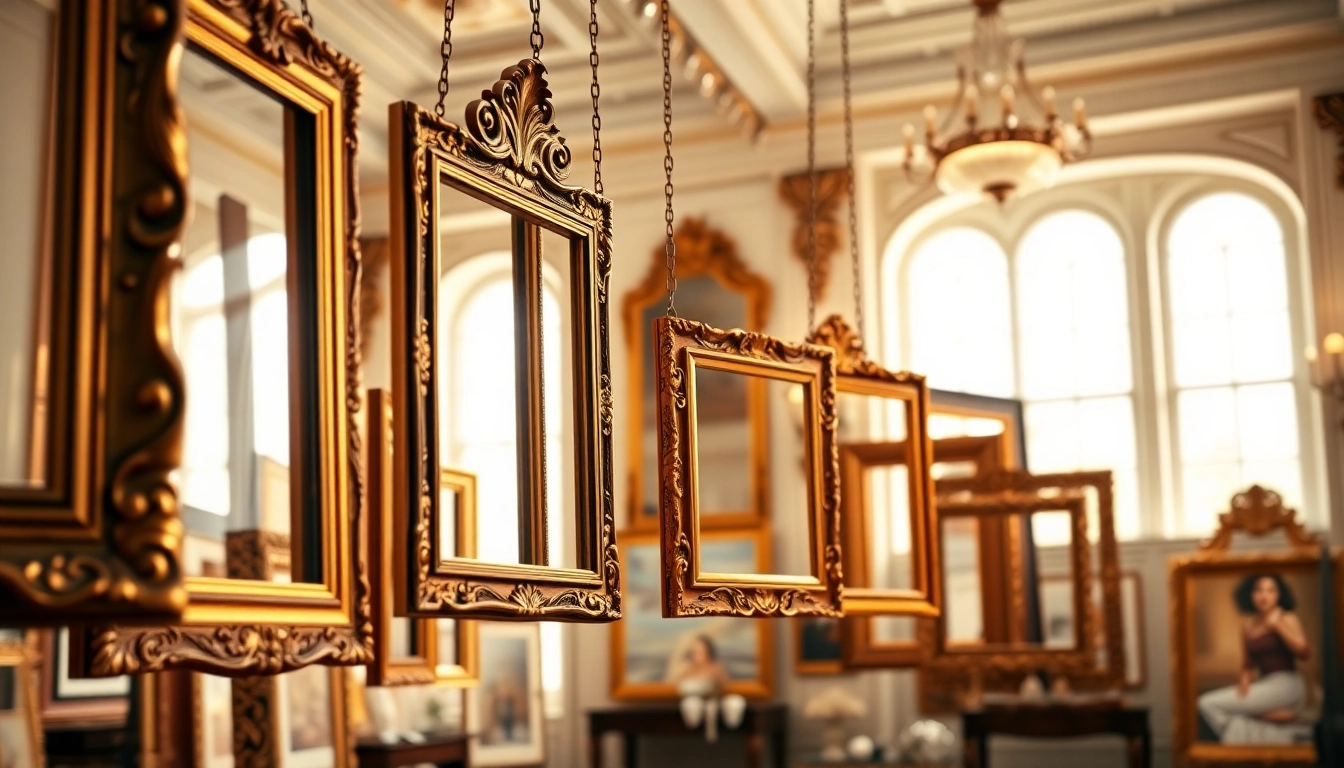 Admire ornate picture frames showcasing intricate designs in a sophisticated gallery setting.