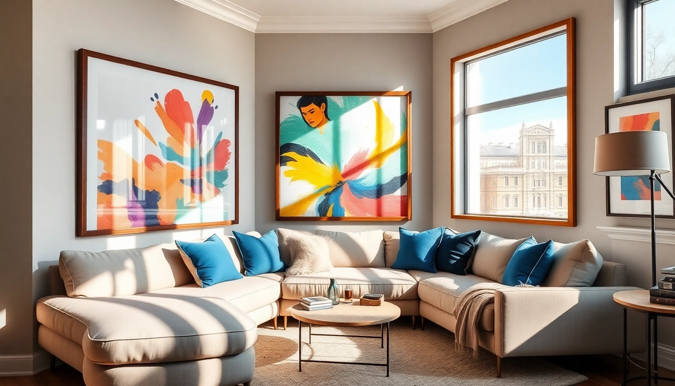 Display large frames showcasing bold art in a stylish living room setting.