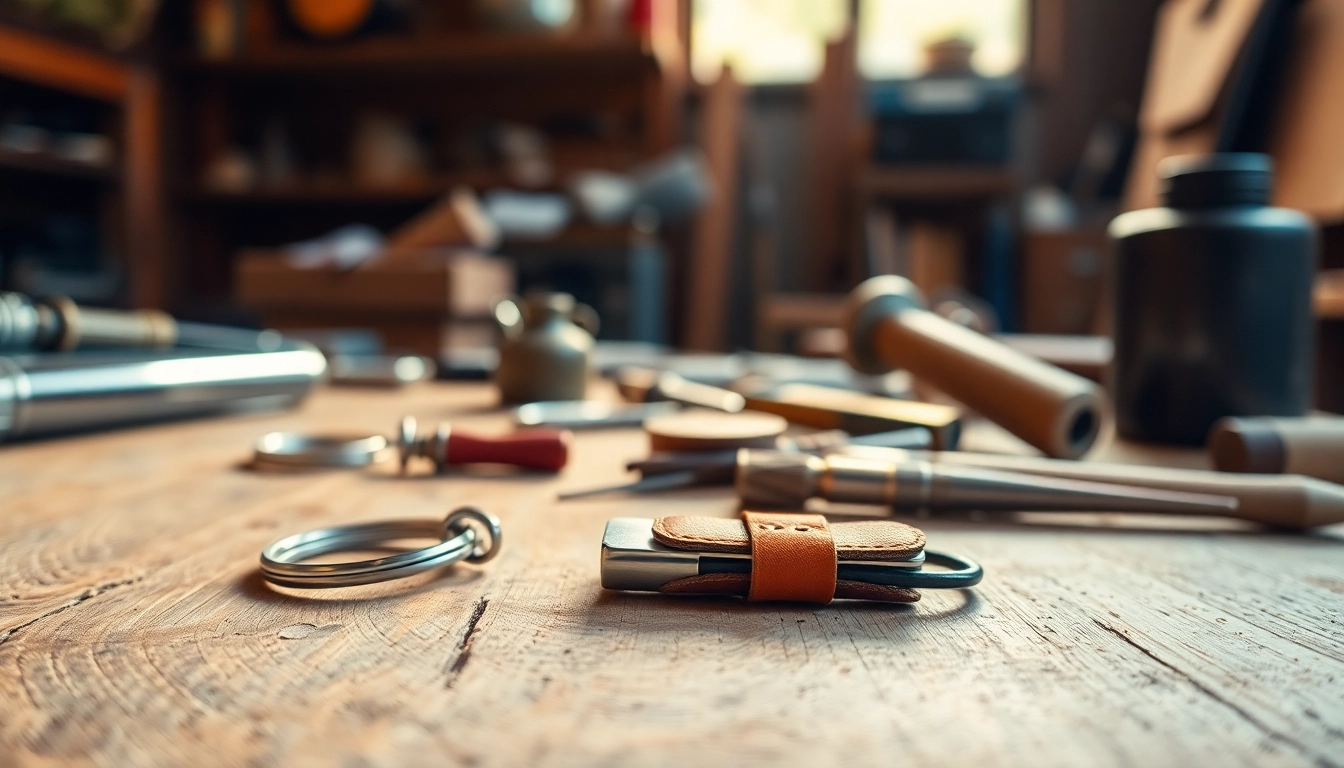 Schlüsselanhänger auf einem rustikalen Holztisch mit handwerklichen Werkzeugen.