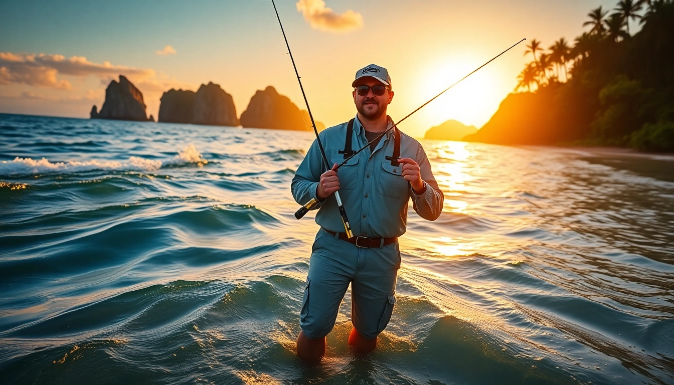 Engaged angler in saltwater fly fishing on a picturesque beach at sunrise, showcasing the excitement of fishing.