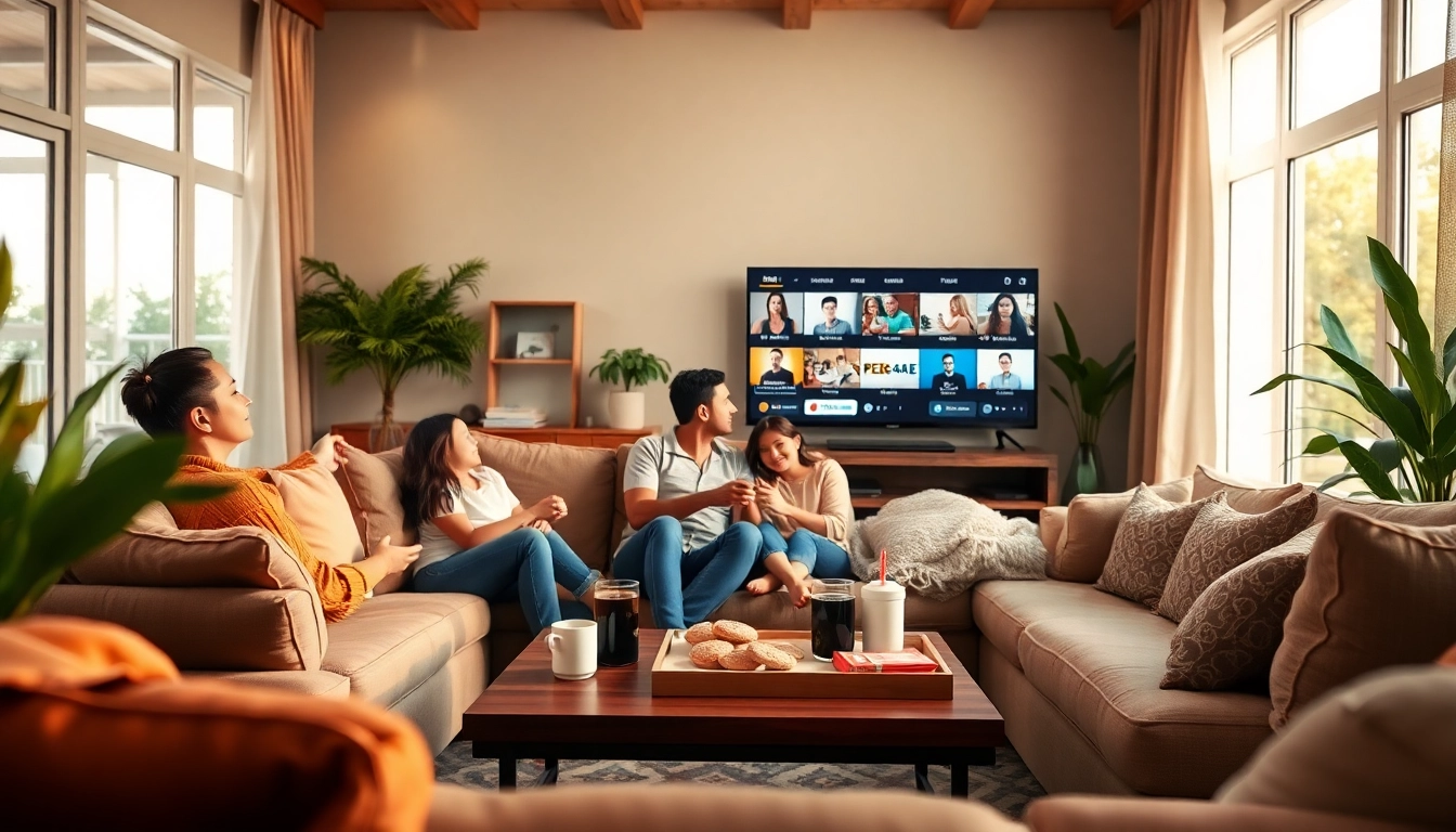 Enjoy IPTV services in a cozy living room scene featuring a family watching TV.