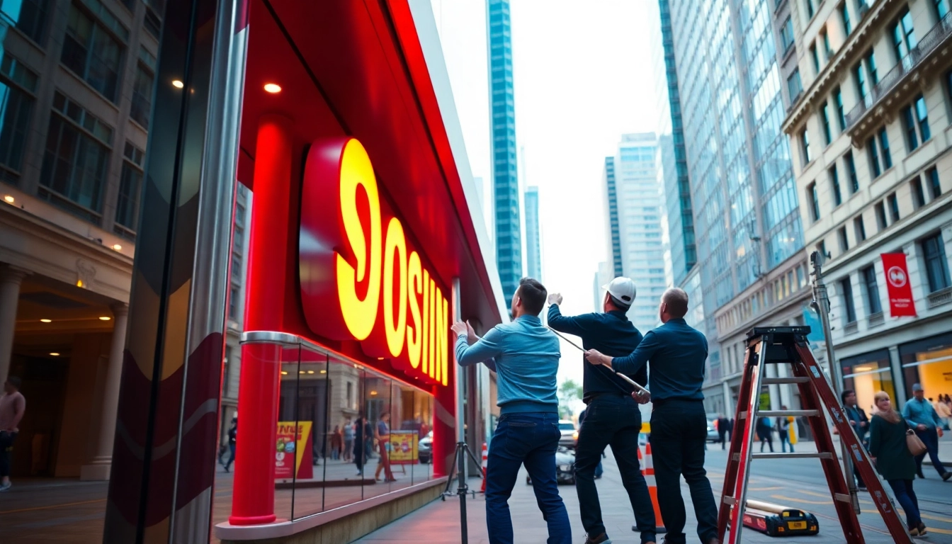 Team performing sign installation on a storefront, showcasing precision and collaboration.